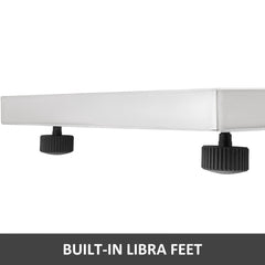 White stainless steel platform with four black adjustable built-in leveling feet.