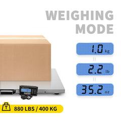 Stainless steel livestock scale with 880 lb capacity, showing weighing modes in kg, lb, and oz on LCD display.