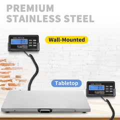 Stainless steel livestock scale with 880 lb capacity, shown in wall-mounted and tabletop setups.