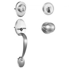Satin nickel front door handle and deadbolt set with adjustable hole spacing and reversible design.