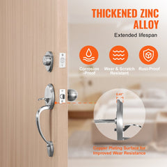 Satin nickel front door handle and deadbolt set with adjustable hole spacing and reversible design.