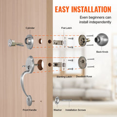 Satin nickel front door handle and deadbolt set with adjustable hole spacing and reversible design.