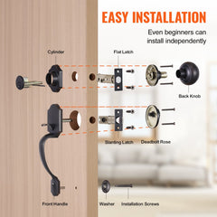 Diagram of antique copper front door handle deadbolt set components and easy installation steps.