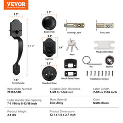 Matte black front door handle and deadbolt set with adjustable spacing diagram.