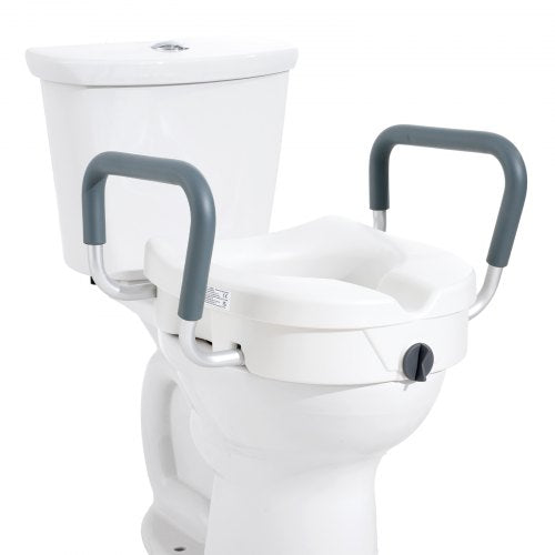 Bostome 5" raised toilet seat with adjustable armrests and twist lock for secure installation.