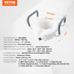 5-inch raised toilet seat with twist lock, adjustable armrests, and durable construction.