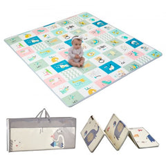 Reversible 71"x79" baby play mat with educational patterns and thick XPE foam for cushioning.