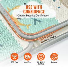 Reversible 71"x79" baby play mat with educational patterns and thick XPE foam for safety.
