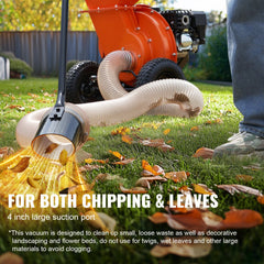 Orange wood chipper with attached 4.3-inch by 13.1-foot suction hose vacuuming leaves on grass.