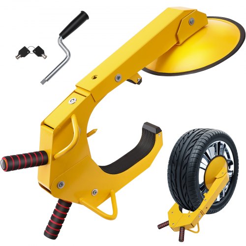 Yellow heavy-duty steel trailer wheel lock clamp with suction cup, fitting 6.3-15 inch tires.