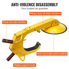 Yellow heavy-duty steel trailer wheel lock clamp with suction cup, rubber grips, and dual handles for 6.3-15 inch tires.