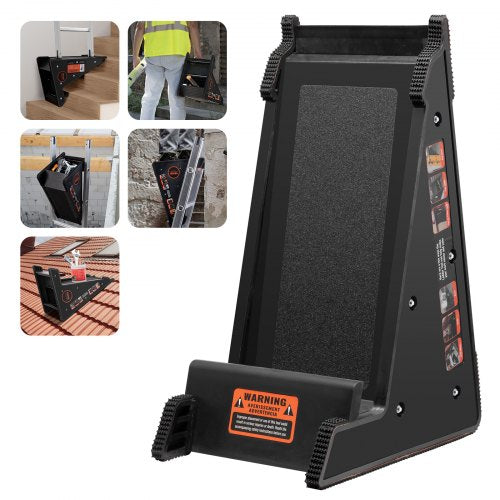 A black ladder leveler is shown with multiple insets demonstrating its use on stairs, roofs, and uneven ground.