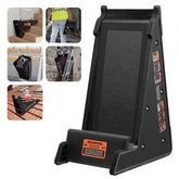 A black ladder leveler is shown with multiple insets demonstrating its use on stairs, roofs, and uneven ground.