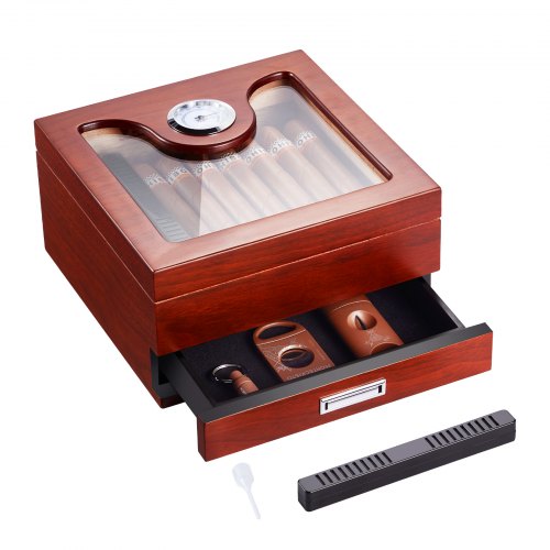 Bostome 35-cigar humidor with a glass top, Spanish cedar interior, and built-in hygrometer.