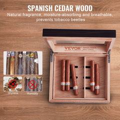 Wooden Spanish cedar humidor with glass top, hygrometer drawer, and slots for 50 cigars.