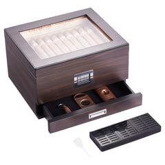 Wooden humidor with glass top, hygrometer, drawer, and accessories for 50 cigars.