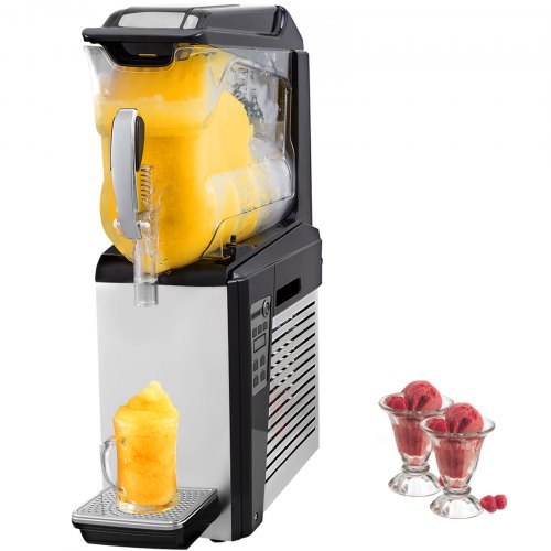 Black Bostome 10L slushie machine dispensing yellow frozen drink into a glass, with two raspberry sorbet servings nearby.