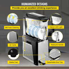 Black and silver 10L slushie machine with auto-clean, LED lights, rebound handle, air vents, stable feet, and detachable drip tray.