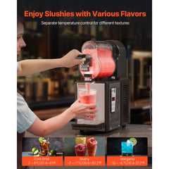 Black stainless steel slushy machine dispensing red slushy into a clear cup on a countertop.