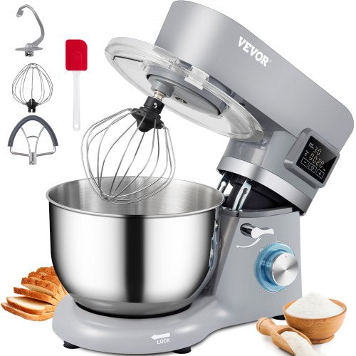 Gray Bostome 660W stand mixer with 5.8 Qt stainless bowl, whisk, dough hook, and spatula.