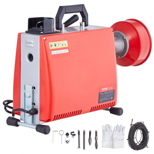Bostome 250W drain cleaner machine with 66FT steel cable and seven quick-change cutters.