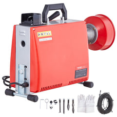 Bostome 250W drain cleaner machine with 66FT steel cable and multiple quick-change cutters.
