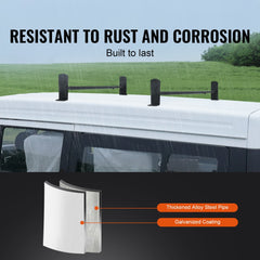 Adjustable alloy steel ladder rack for vans, supports 500 lbs with rust protection features.