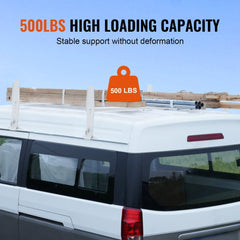 White van with adjustable alloy steel roof ladder rack loaded with lumber, supporting 500 lbs.