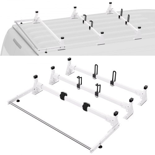 A Bostome van roof ladder rack for Ford Transit Custom with adjustable crossbars and rollers.