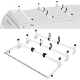 A Bostome van roof ladder rack for Ford Transit Custom with adjustable crossbars and rollers.