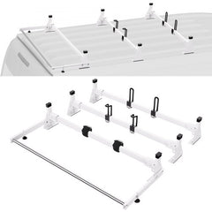 A Bostome van roof ladder rack for Ford Transit Custom with adjustable crossbars and rollers.