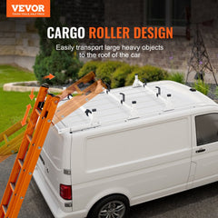 Bostome van roof ladder rack for Ford Transit Custom with adjustable crossbars and roller mechanism.