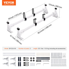 White Bostome trailer ladder rack for Ford Transit with dimensions and assembly parts shown.