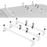 White ladder roof rack with crossbars and stops mounted on a Ford Transit van roof.
