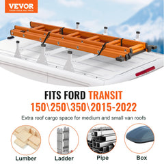 Orange ladder roof rack mounted on Ford Transit van roof, with icons for lumber, ladder, pipe, and box cargo.