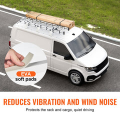White van with ladder roof rack on highway, featuring EVA soft pads that reduce vibration and wind noise.
