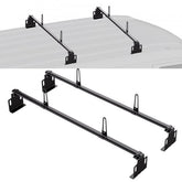 Two black metal ladder racks are shown, one installed on a white truck roof and one below.
