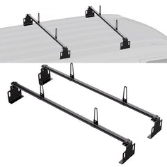 Two black metal ladder racks are shown, one installed on a white truck roof and one below.