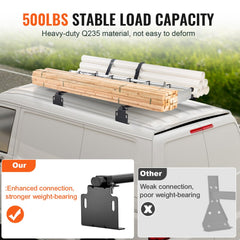 Universal truck roof ladder rack with 500 lbs capacity, mounted on van carrying lumber.