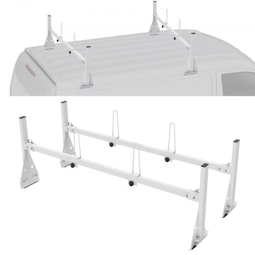 White adjustable ladder rack mounted on a van roof, with crossbars and supports for 600 lbs capacity.