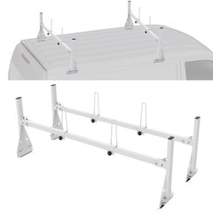 White adjustable ladder rack mounted on a van roof, with crossbars and supports for 600 lbs capacity.