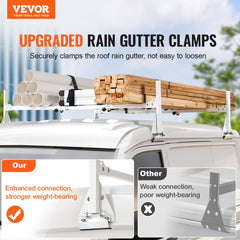 Adjustable van roof ladder rack with 600 lbs capacity and 56.7-63 inch width, shown mounted on a van with crossbars and clamps.