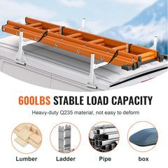 Adjustable van roof ladder rack with 600 lbs capacity, holding orange ladder on white van.