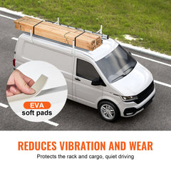 White van with adjustable roof ladder rack carrying lumber, featuring EVA soft pads.