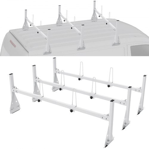 White adjustable van roof ladder rack with crossbars and mounting brackets for 800 lb capacity.