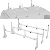 White adjustable van roof ladder rack with crossbars and mounting brackets for 800 lb capacity.