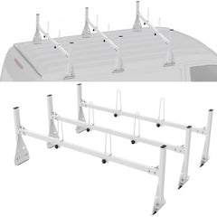 White adjustable van roof ladder rack with crossbars and mounting brackets for 800 lb capacity.