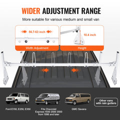 Adjustable van roof ladder rack with 56.7-63 inch width and 10.4 inch height adjustment for various vans.