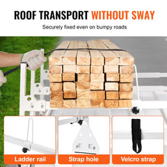 Adjustable van roof ladder rack with white frame securing lumber stacks using straps.