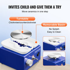 Blue Bostome mini pottery wheel for kids with silver turntable, removable white basin, and speed control knob.